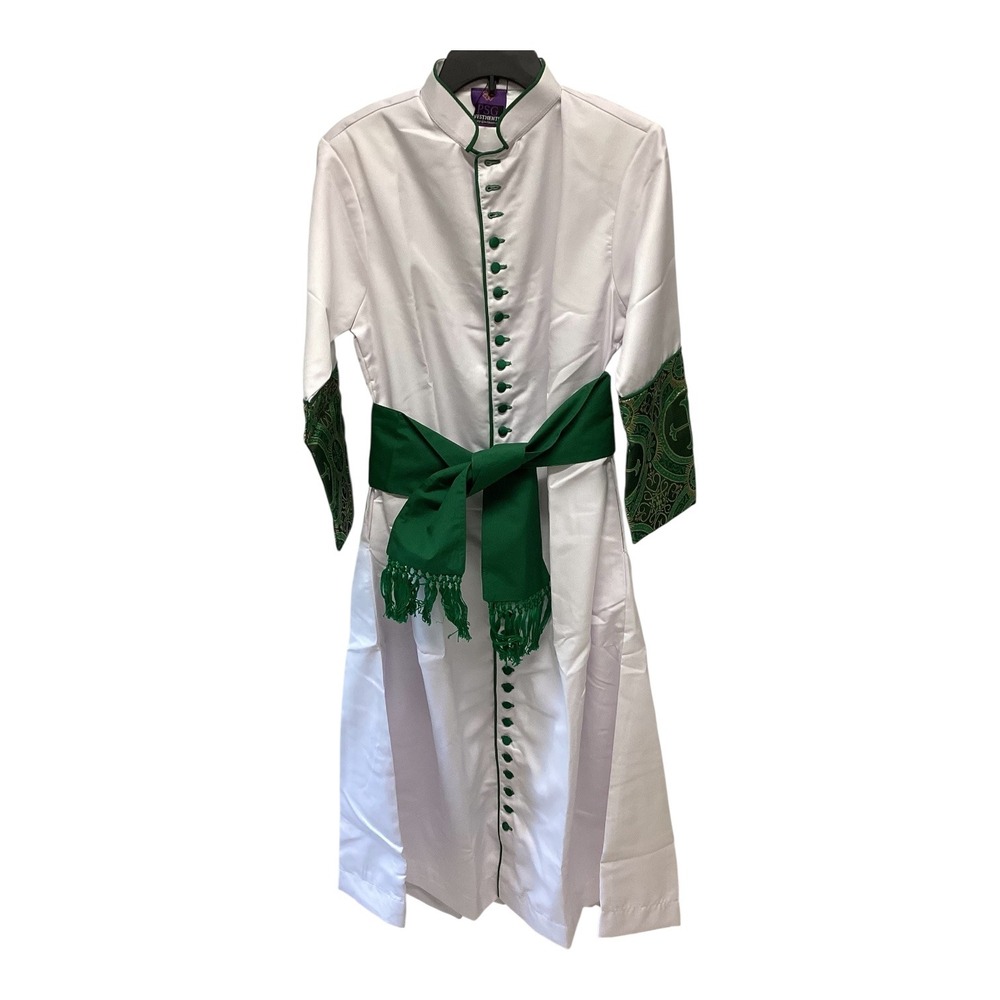 PSG Vestments White Anglican Cassock with Green Brocade Cuffs and Cincture Sash